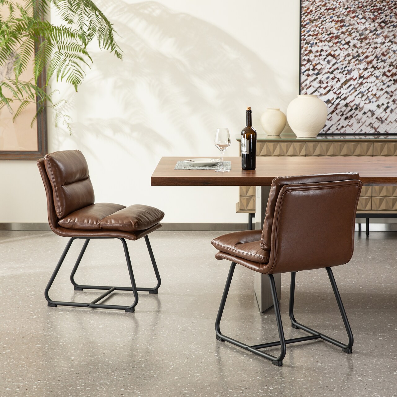 Set of 2/4 Mid-Century Modern Leatherette Solid Back Dining Chair with V-shaped Solidwood Legs